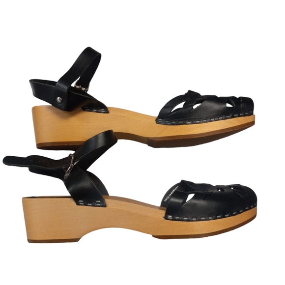 Swedish Hasbeens Toffel Wooden Leather Sandals Womens 41 Ankle Strap Black Clog - Picture 2 of 9